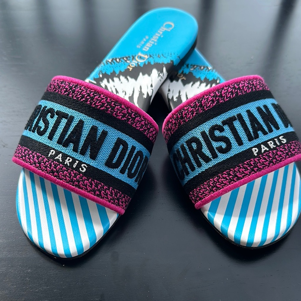 Christian Dior Striped Slides - Blue and Pink